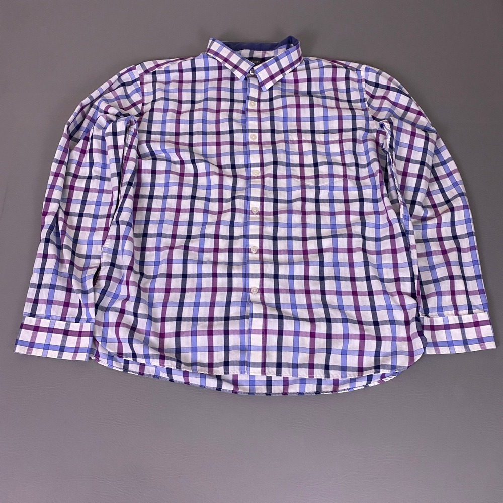 Van Heusen Button Down Shirt 18-18.5 XXL Men Purple Blue Plaid Long Sleeve *Flaw